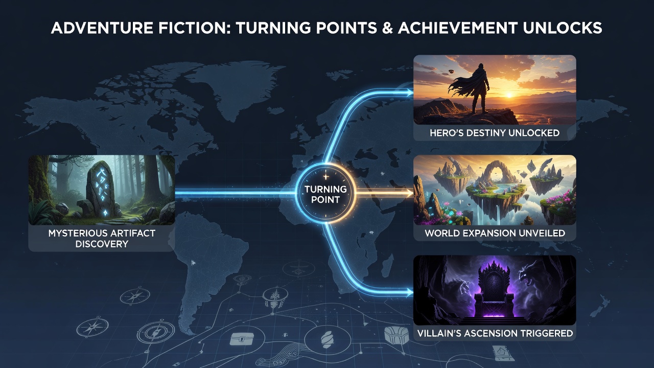 Literary turning points illustrated with book pages and game achievement badges side by side