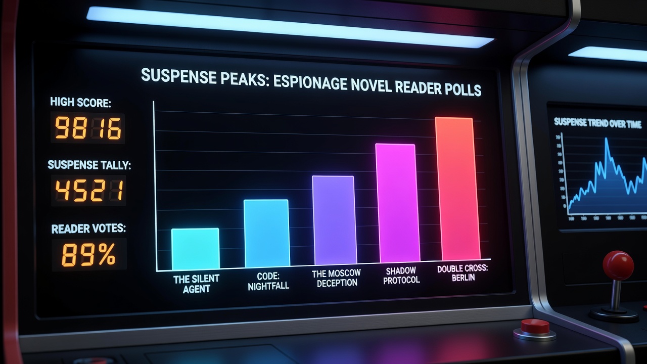Arcade cabinet displays showing climbing score tallies alongside charts of reader-voted suspense peaks from espionage novel polls