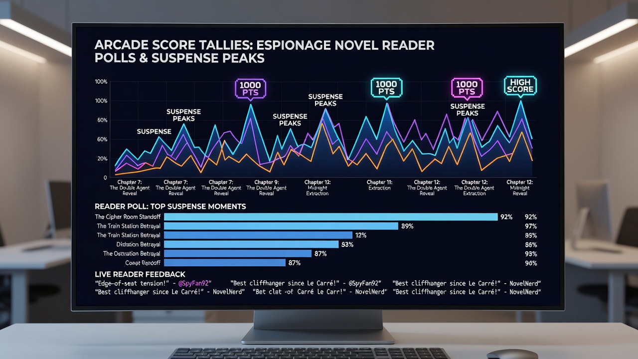 Side-by-side graphs comparing arcade score curves to espionage novel suspense ratings from aggregated reader polls