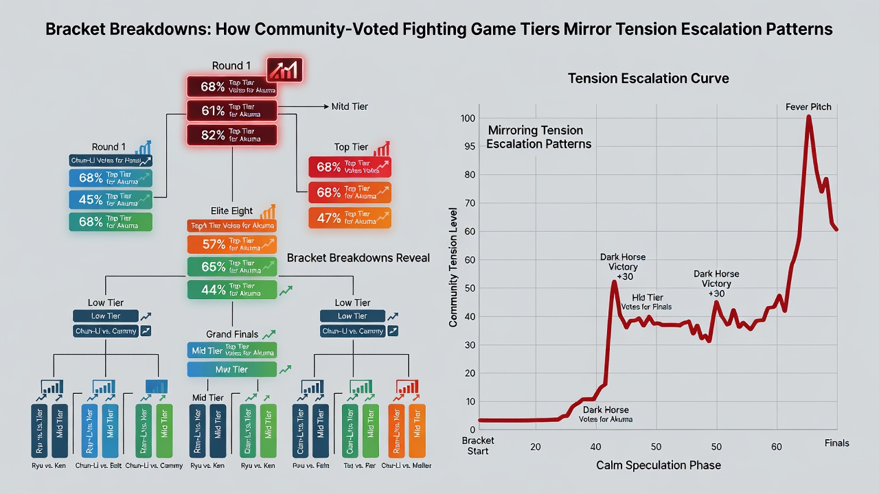Side-by-side visualization of fighting game bracket progression and espionage novel tension curves with overlaid community poll results