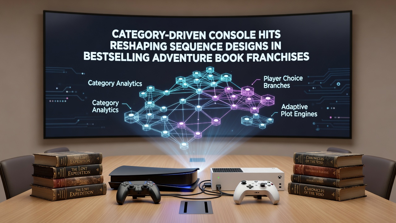 Console game category interfaces displaying action-adventure and exploration tags alongside open book pages with structured chapter sequences