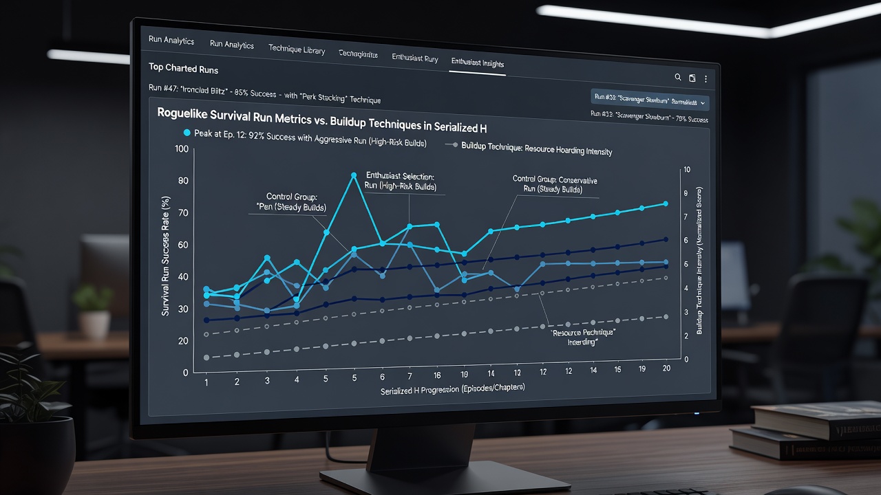 Community dashboard displaying overlaid charts of roguelike run selections and historical fiction serialization buildup techniques
