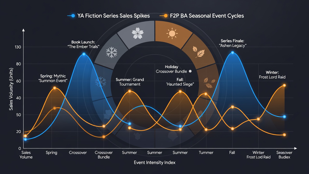 Detailed chart comparing monthly sales volumes of young adult series against event timelines from popular free-to-play battle simulators