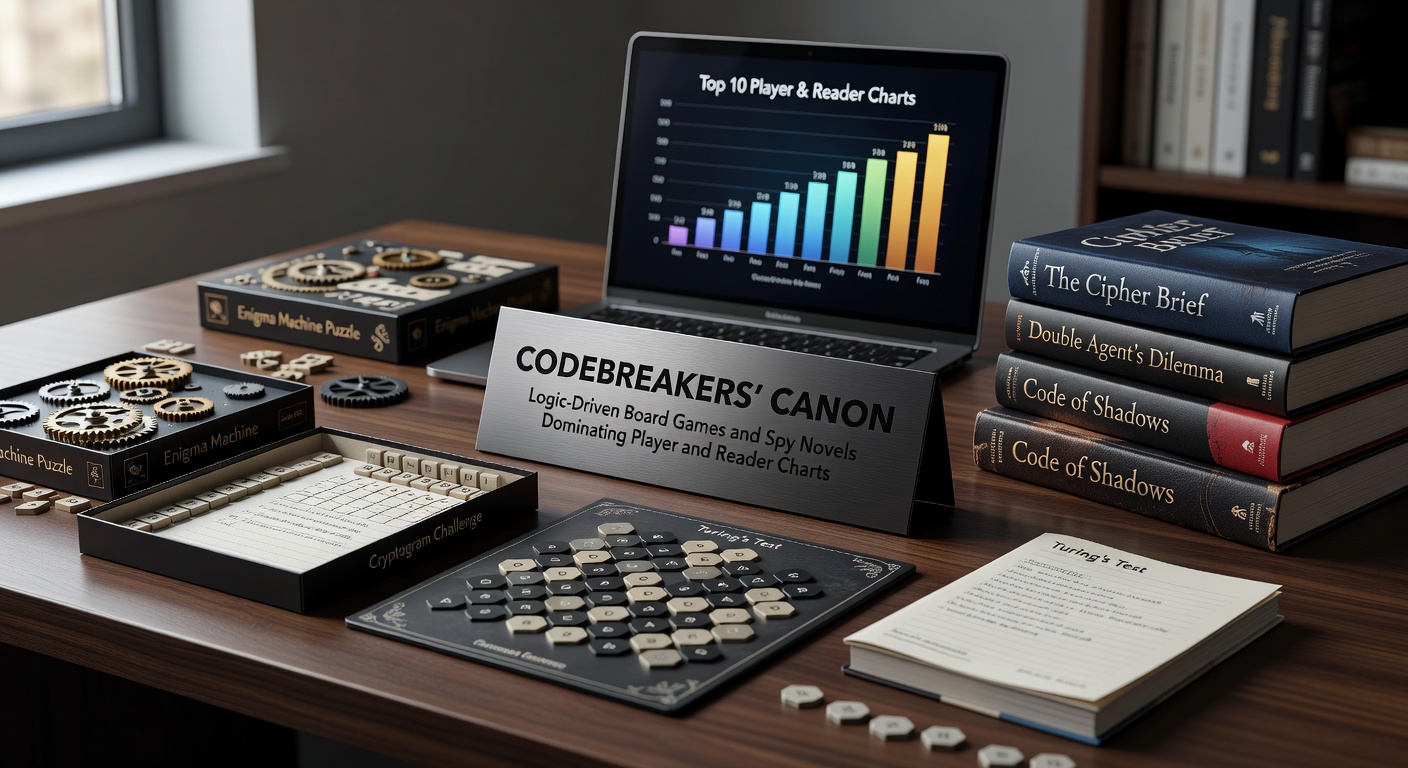 Players huddled around a table deciphering cryptic clues in a logic-driven board game, evoking the tension of espionage intrigue