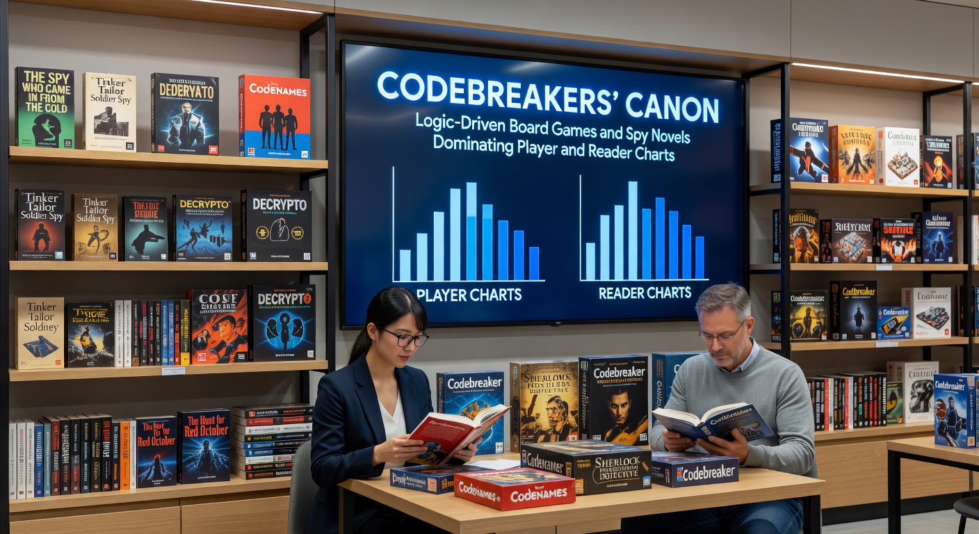 A stack of spy novels on a wooden desk beside a vintage cipher wheel, highlighting the literary side of codebreaking intrigue