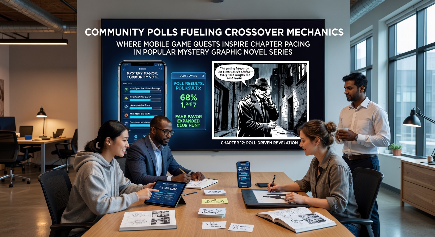 Mobile game interface showing community poll results alongside quest maps that mirror graphic novel chapter structures