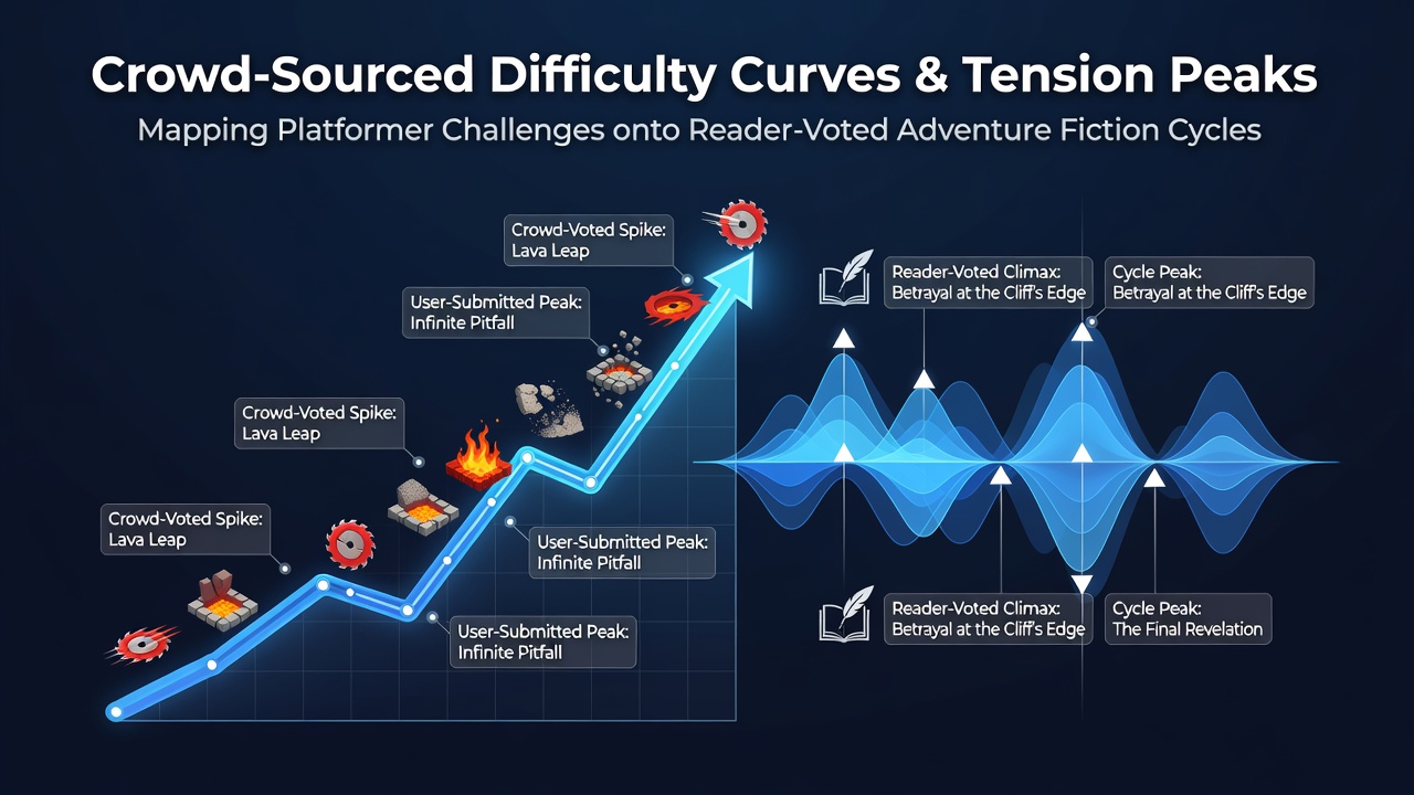 Platformer gameplay screenshot showing escalating challenge spikes alongside reader poll graphs for adventure novel tension