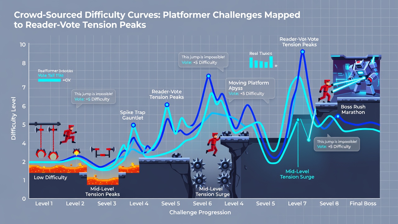 Graphs comparing crowd-sourced platformer difficulty spikes with reader-voted tension peaks in adventure book cycles