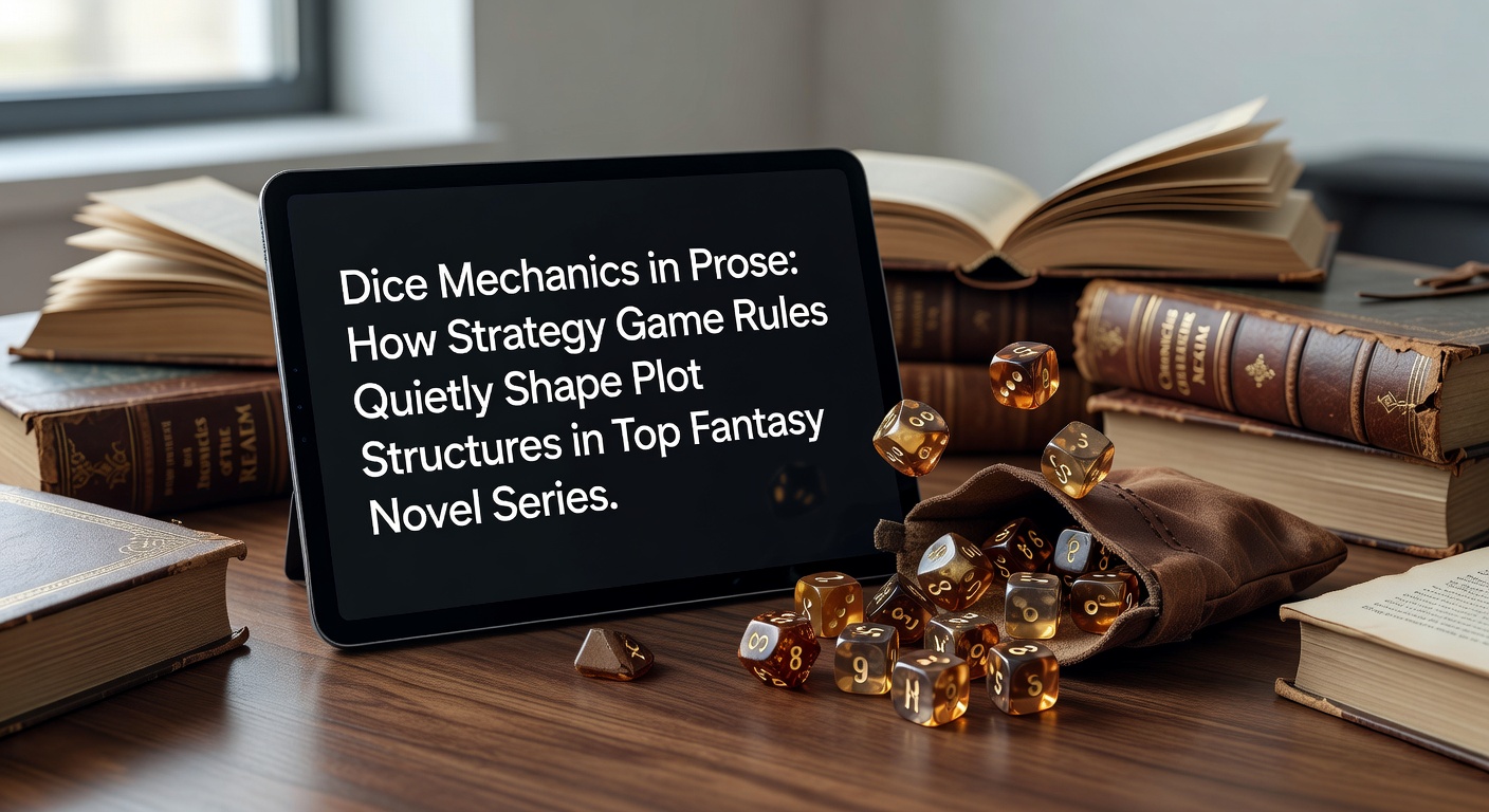 Fantasy novel cover with dice elements overlay showing plot branching in a strategy game style