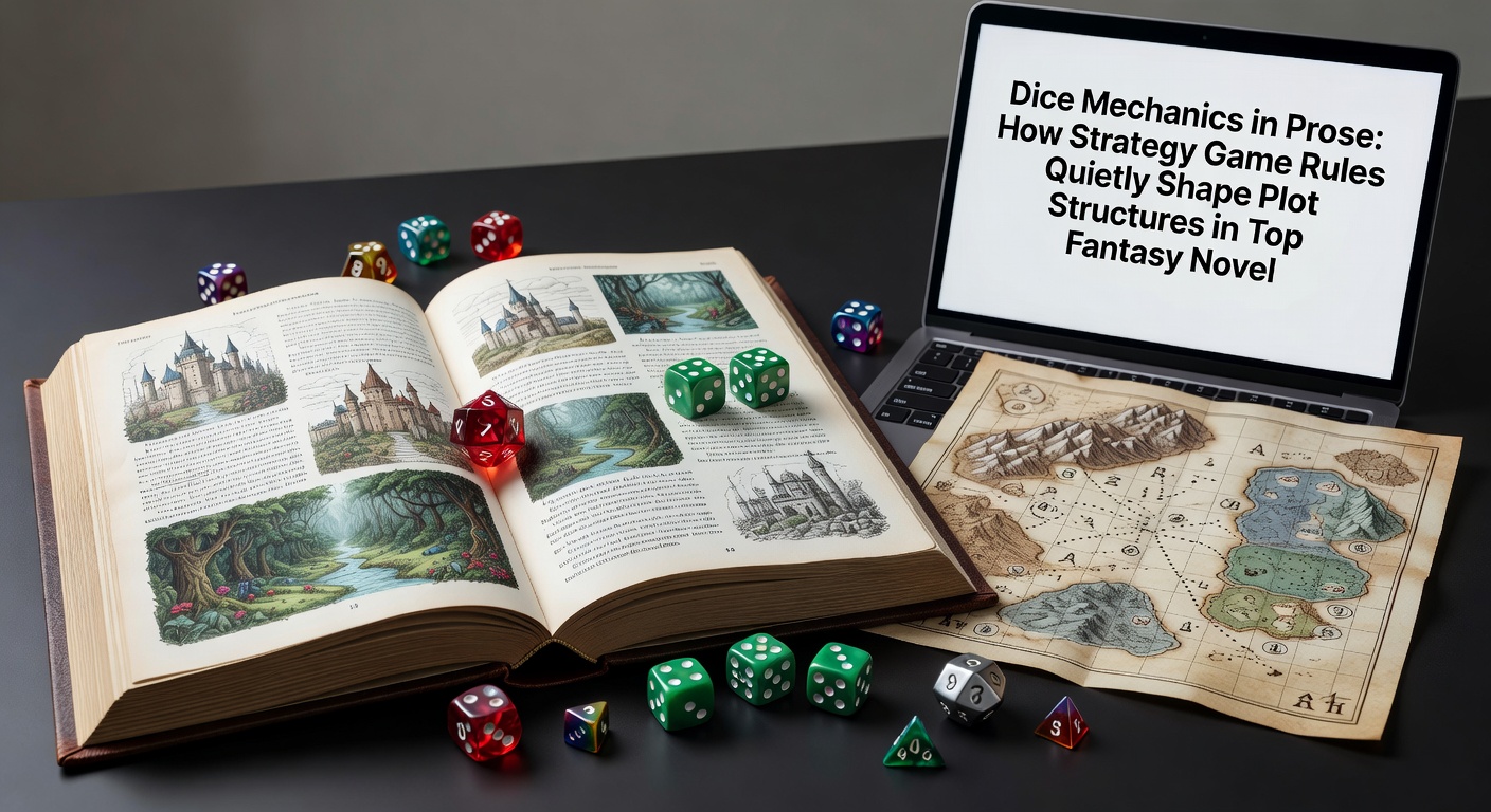 Open fantasy book pages with dice scattered across maps illustrating narrative branching paths