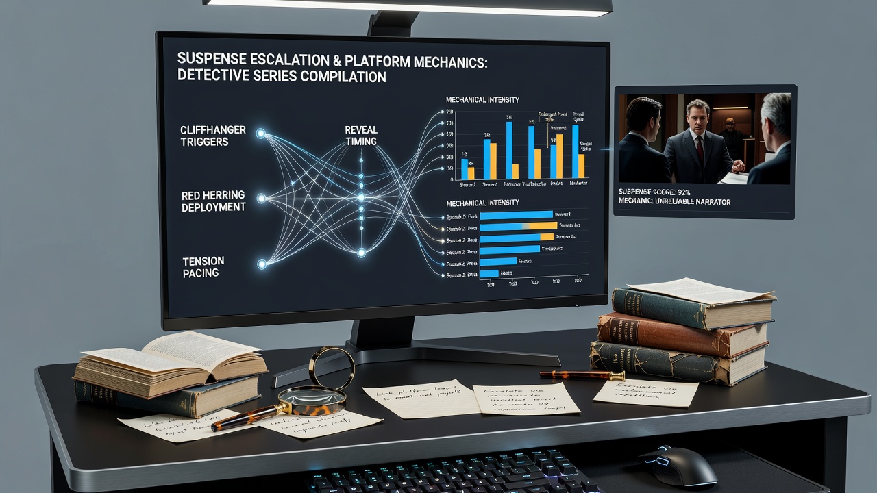 Detailed charts showing platform mechanics aligned with suspense escalation points across multiple detective series