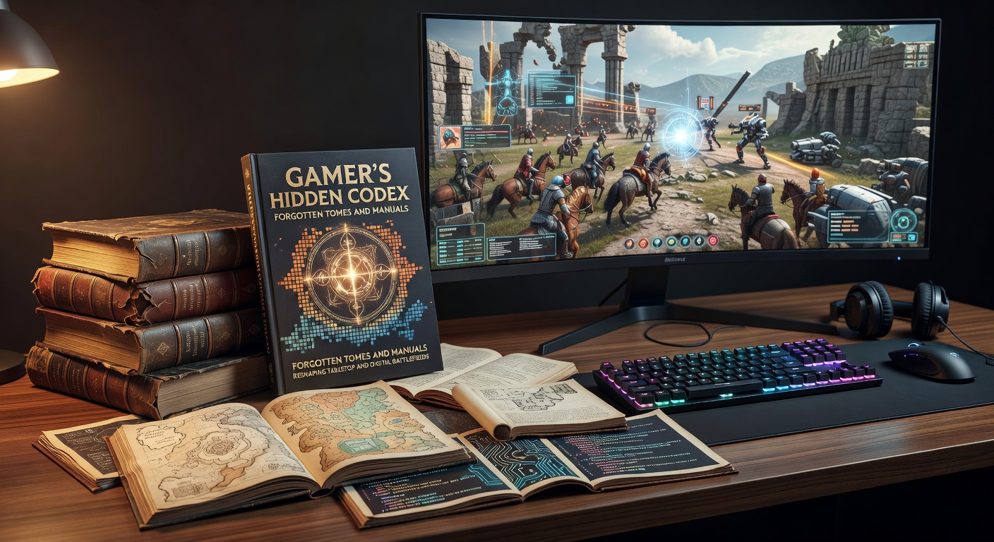 Vintage game manual pages spread out on a wooden table, surrounded by dice, miniatures, and a modern gaming laptop displaying a strategy screen