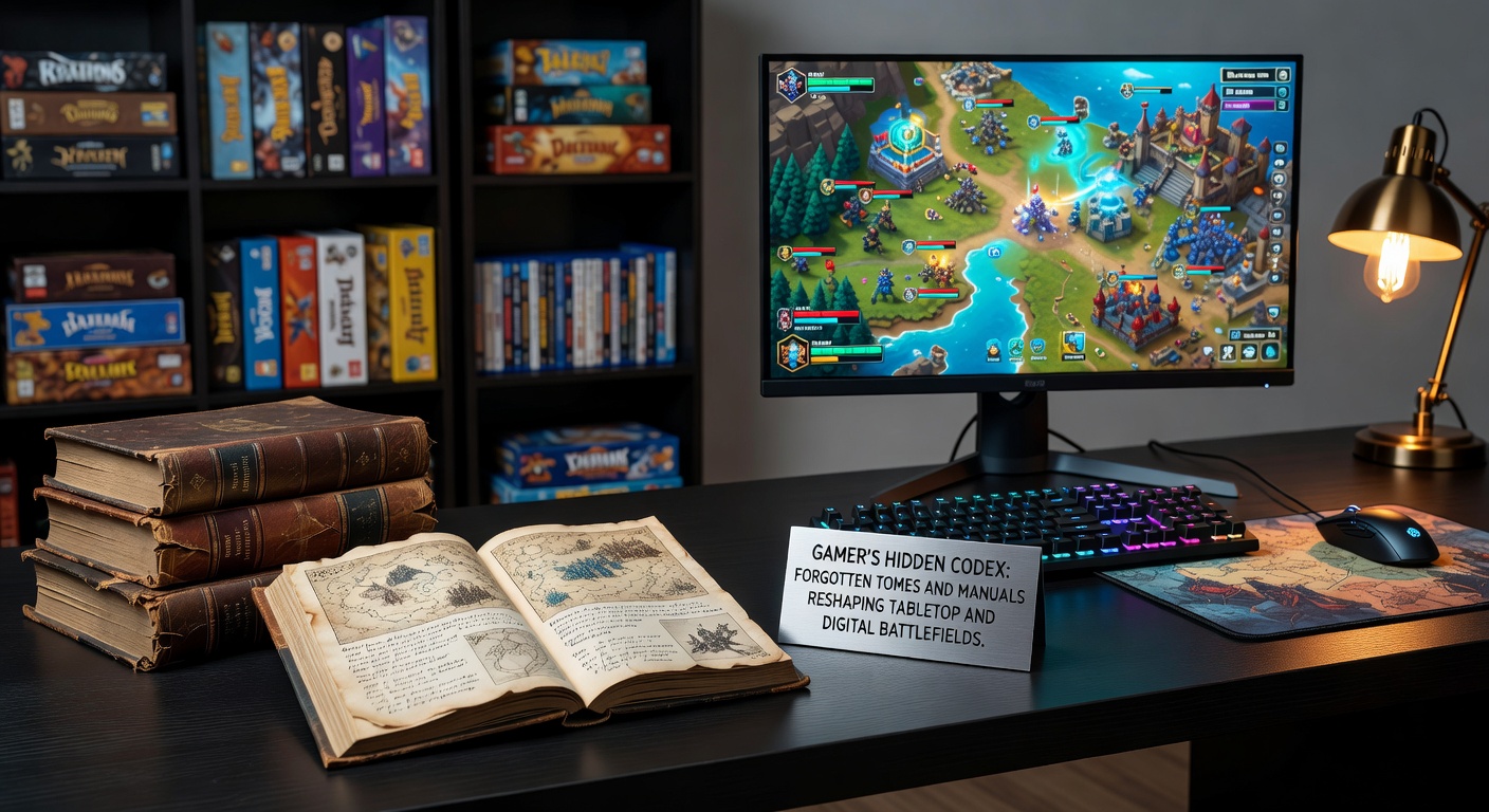 Close-up of a faded Nintendo strategy guide next to a PC screen running a retro-inspired tactics game, with controller and dice in the foreground