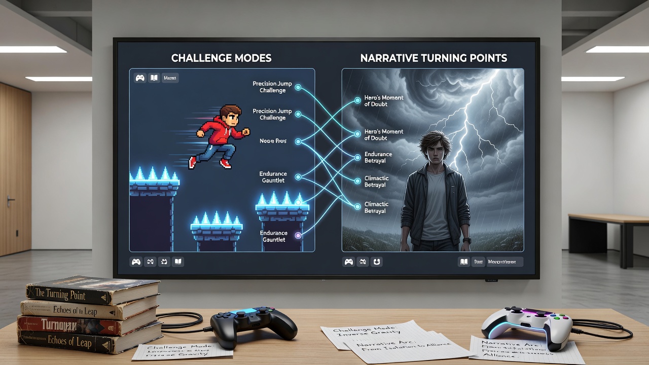 Young adult adventure book open to a chapter with highlighted turning point text beside a platformer controller and modding notes