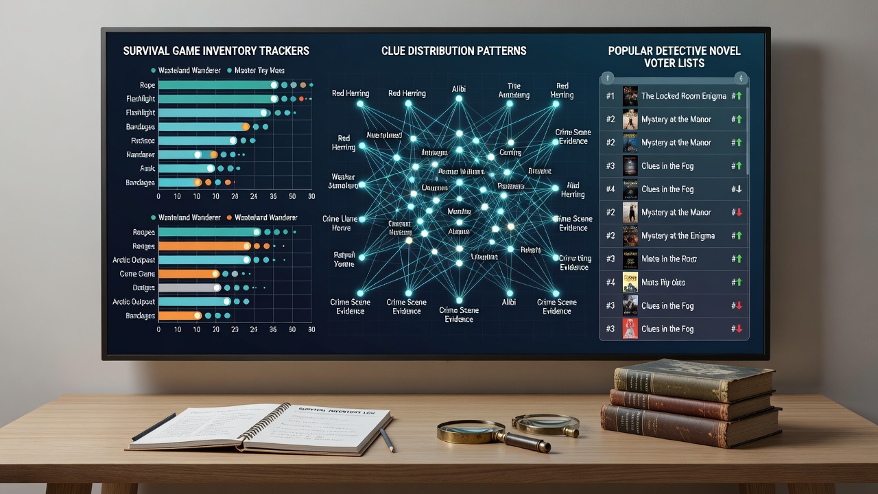 Survival game inventory interface displayed alongside detective novel voter ranking charts showing clue allocation patterns
