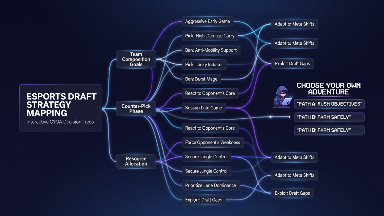 Flowchart showing esports draft picks converted into narrative choice nodes for an adventure series