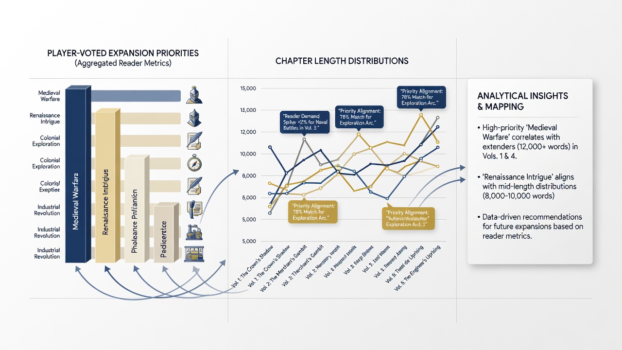 Data visualization showing player votes on game expansions aligned with chapter length patterns in historical fiction series