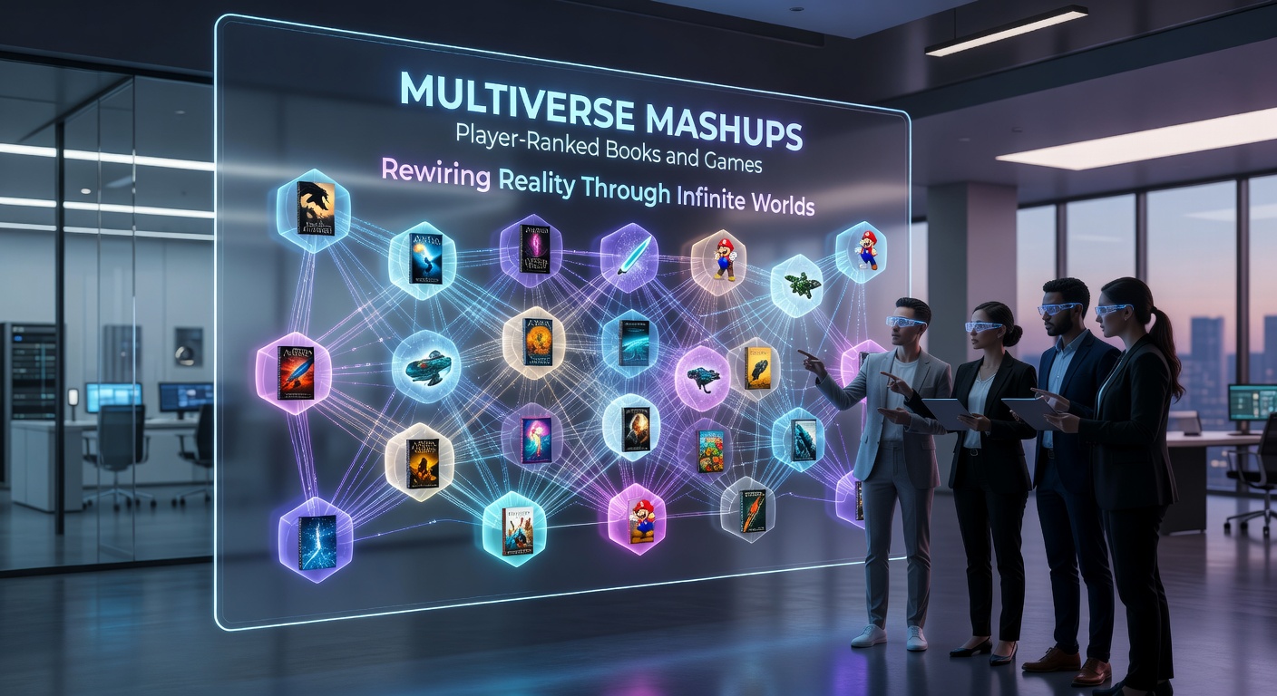 Player community screenshot showing top-ranked multiverse mashups from books and games, with infinite world portals and voting interfaces