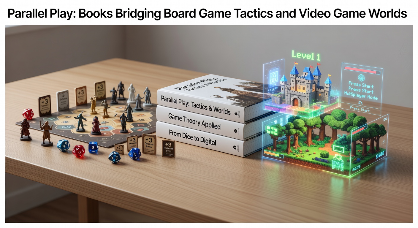 A split-image scene showing a wooden board game setup with strategy pieces on one side and a glowing video game controller with digital battlefield on the other, highlighting tactical parallels