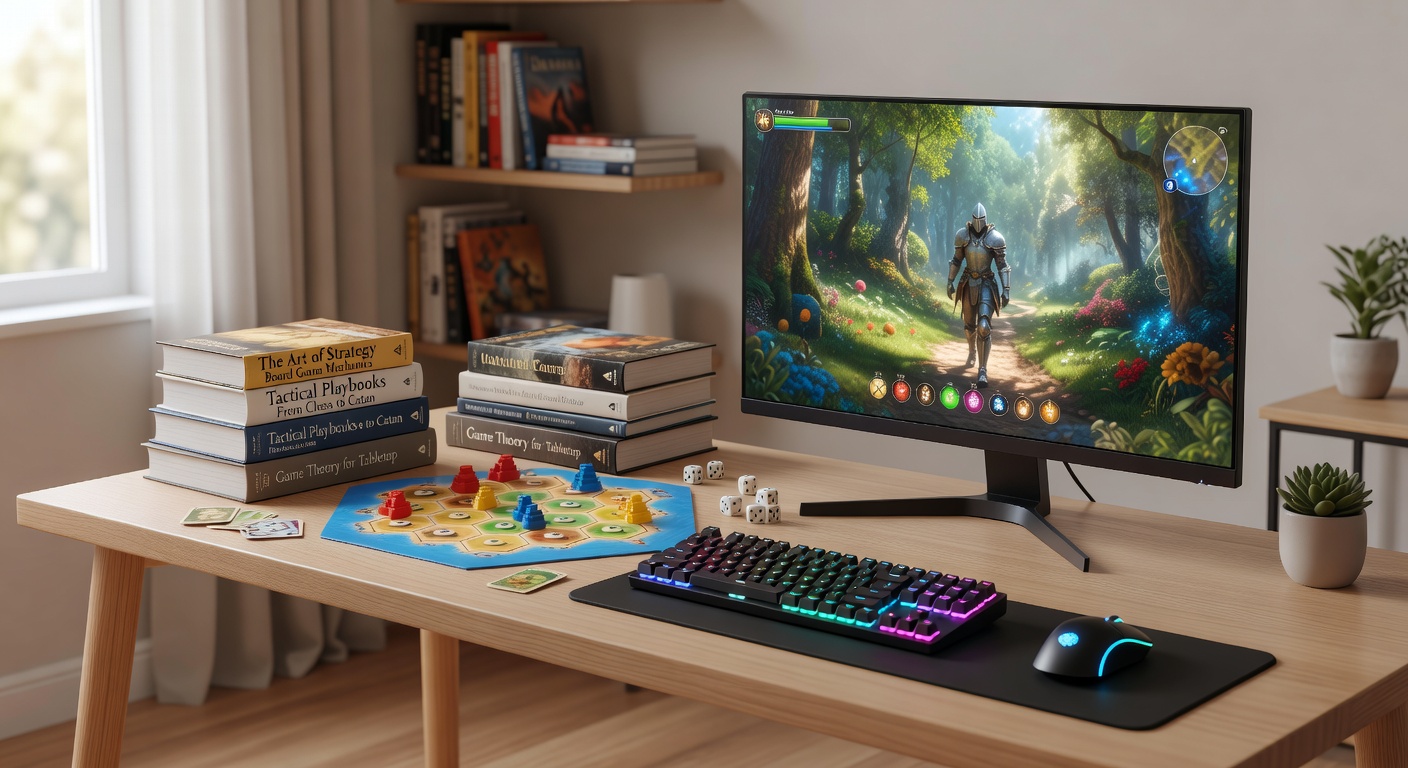 Close-up of an open strategy book next to a video game screen displaying tactical overlays, with board game components scattered around, symbolizing narrative and mechanical fusion