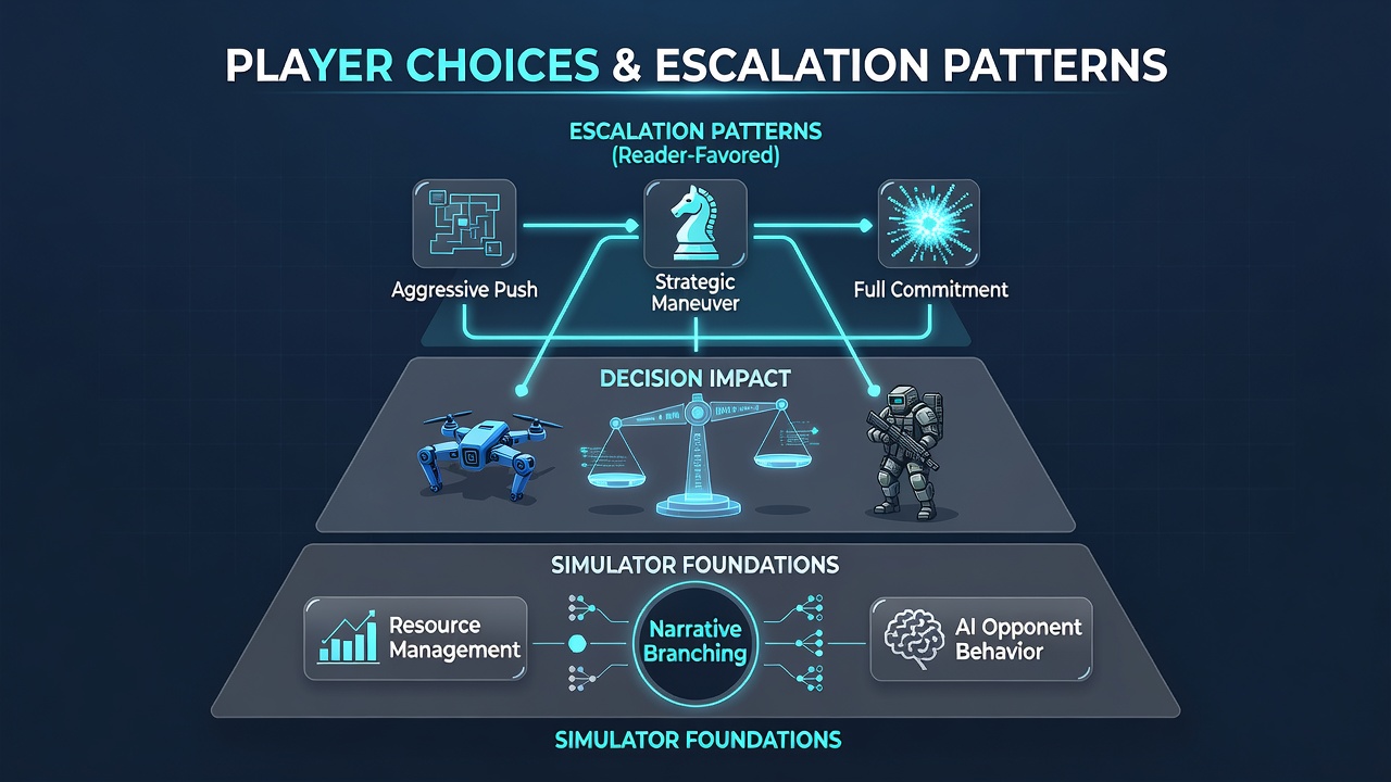 Charts comparing player choice data from skirmish simulators with escalation metrics from espionage novel reader surveys