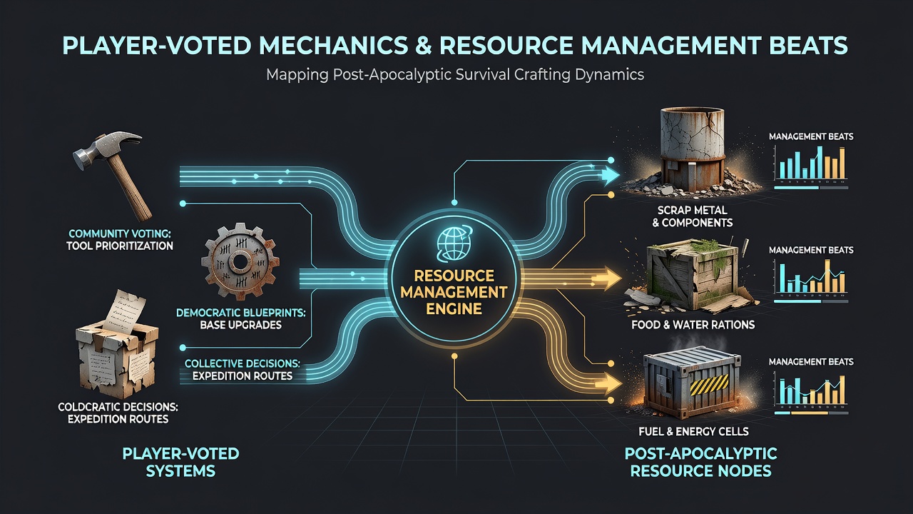 Diagram mapping resource beats from survival games onto post-apocalyptic novel chapter structures