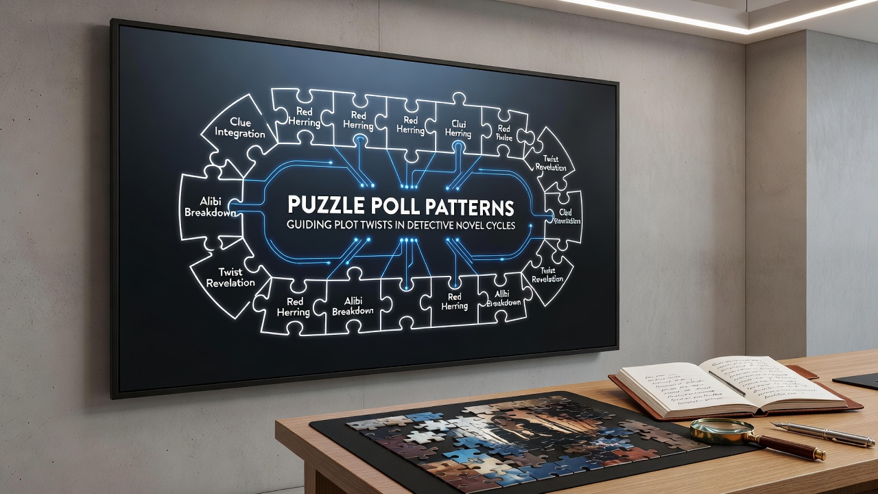 Graphs and charts illustrating poll response distributions next to sample plot twist diagrams from detective fiction
