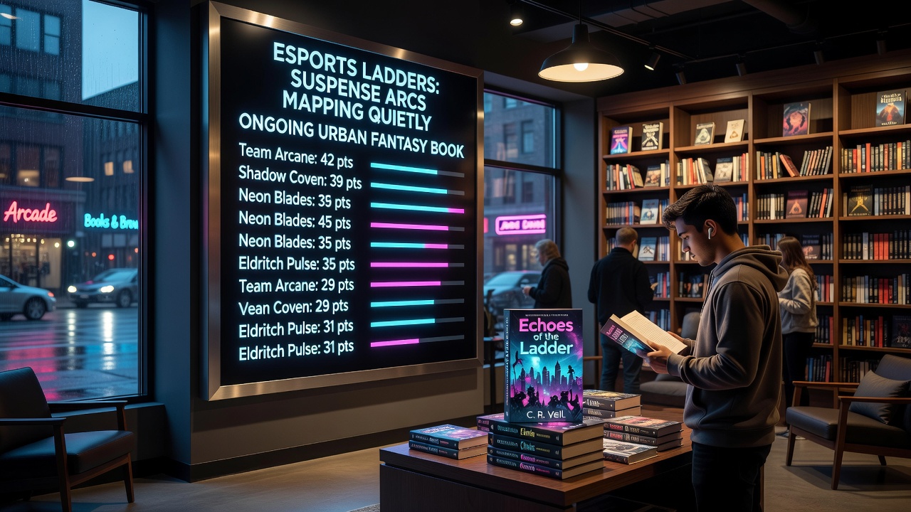 Open urban fantasy novel beside a tablet displaying esports ladder statistics
