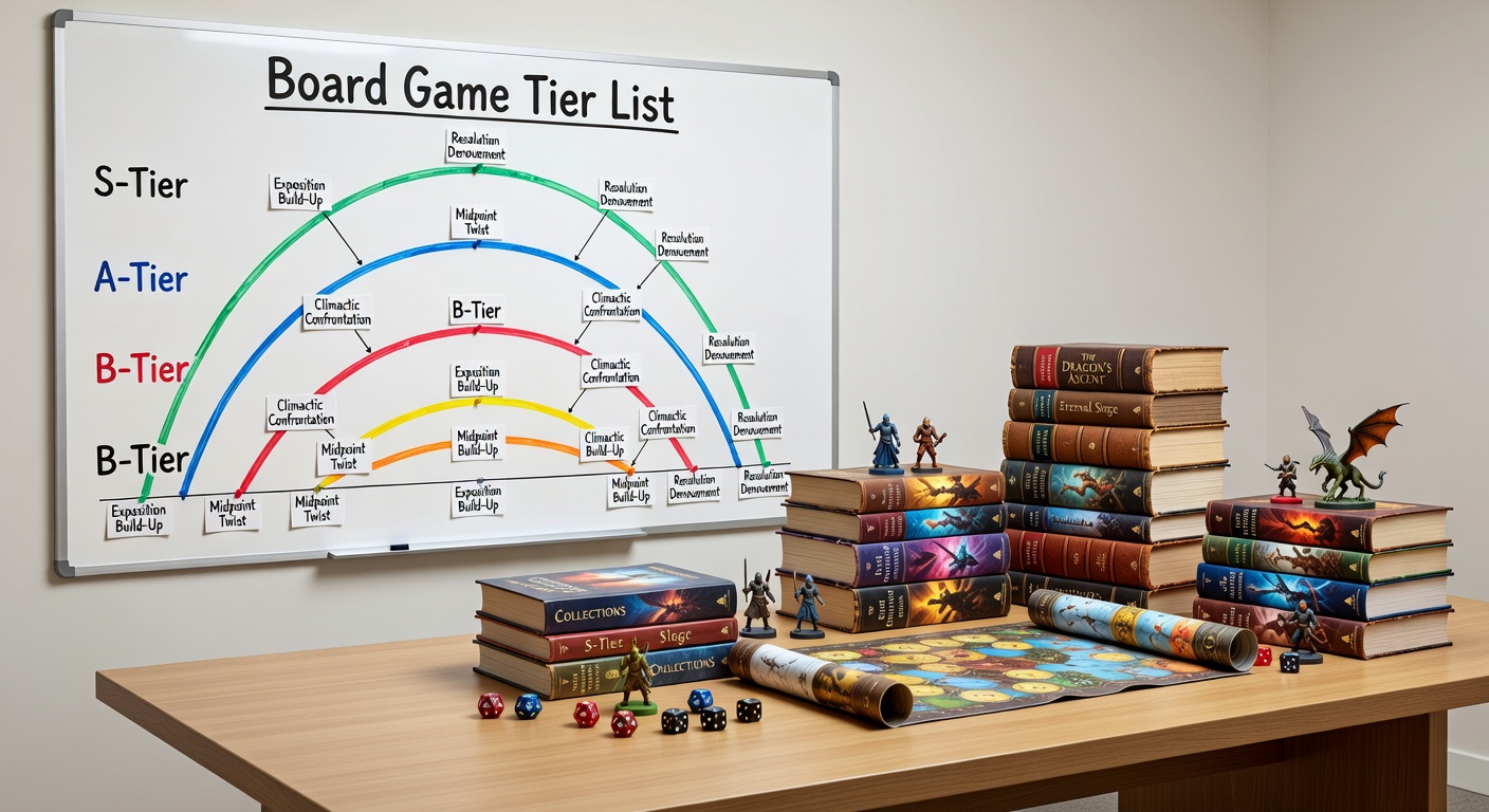 Board game components and fantasy novel covers arranged to show shared victory mechanics alongside multi-character climax scenes