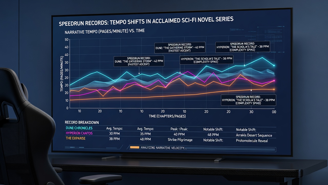 Comparison charts aligning speedrun split graphs with chapter pacing in science fiction book series