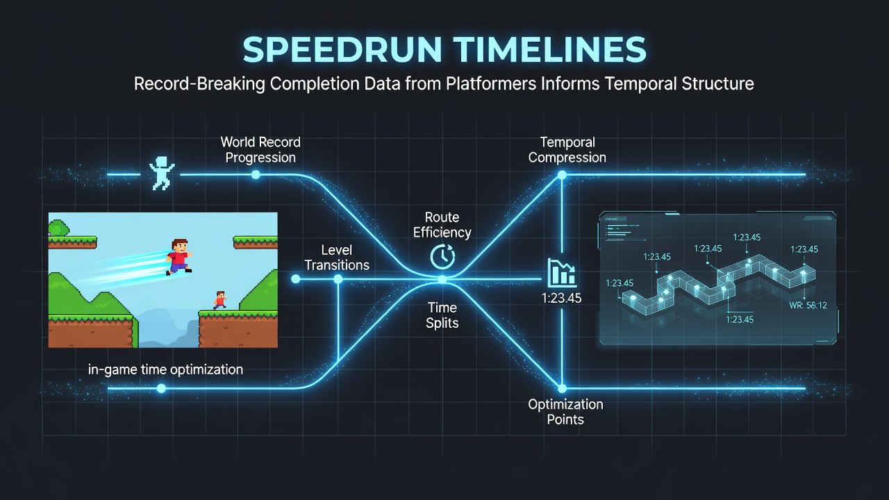 Annotated timeline charts comparing speedrun splits to chapter structures in time-travel novels