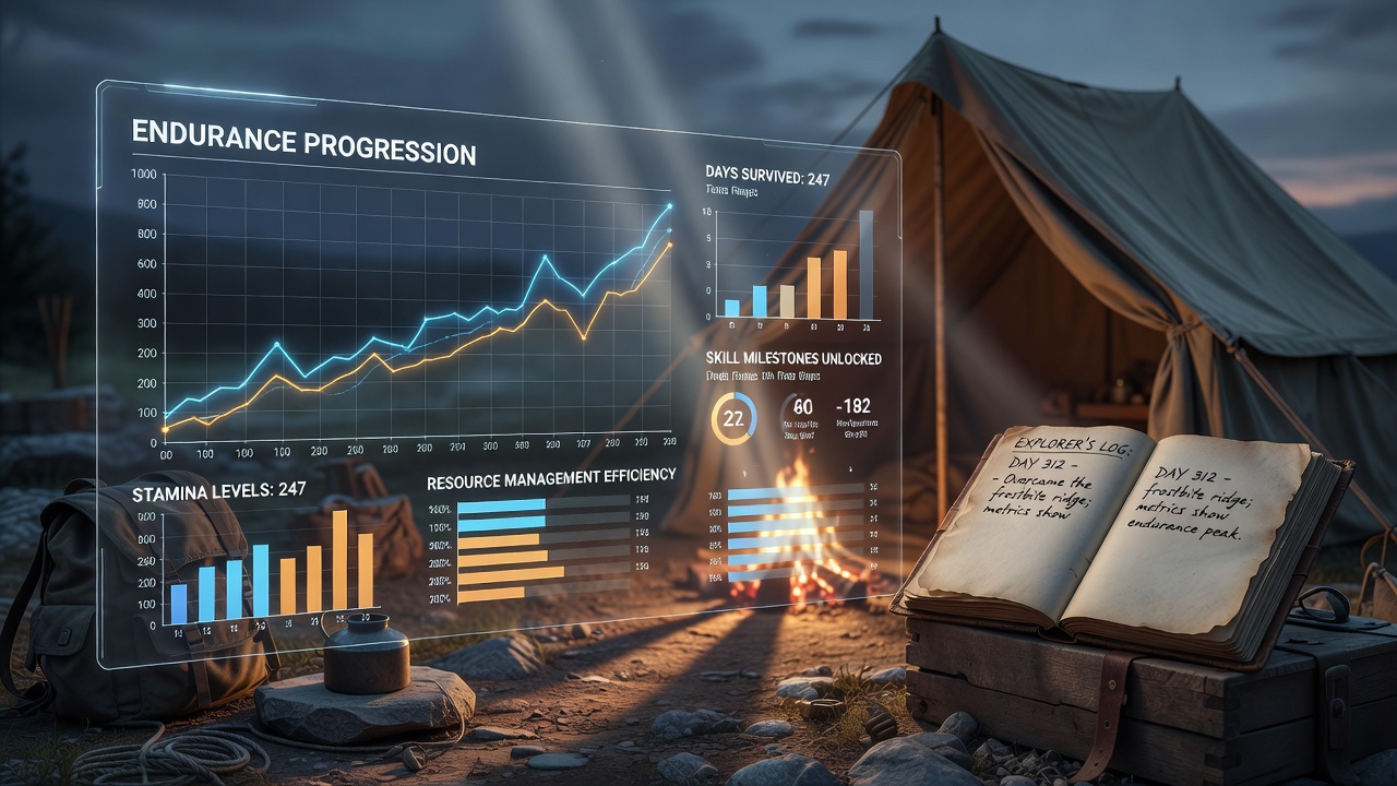 Survival game interface displaying stamina bars, resource counters, and progression charts alongside explorer biography excerpts