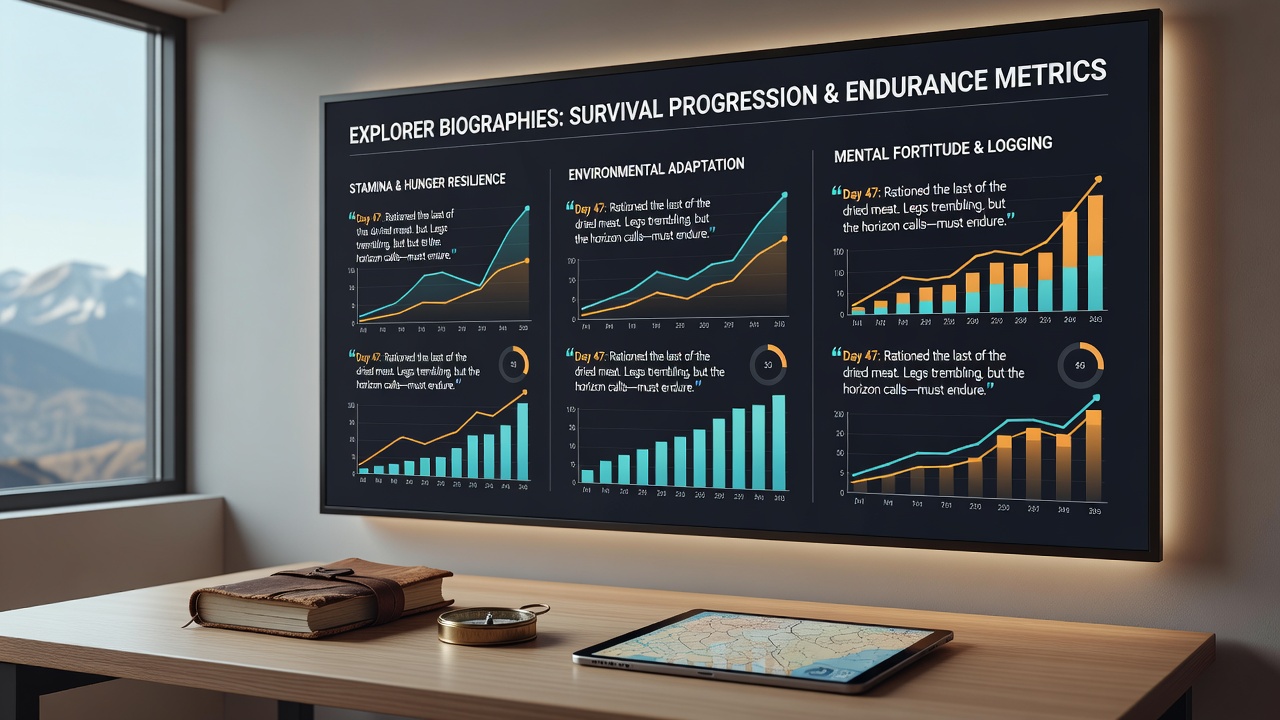 Split view comparing explorer journal entries with survival game achievement trees and endurance stat overlays