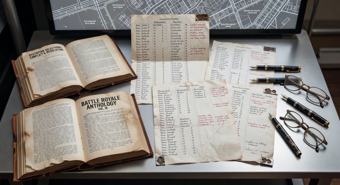 Battle royale tally sheet interface overlaid on dystopian anthology book cover
