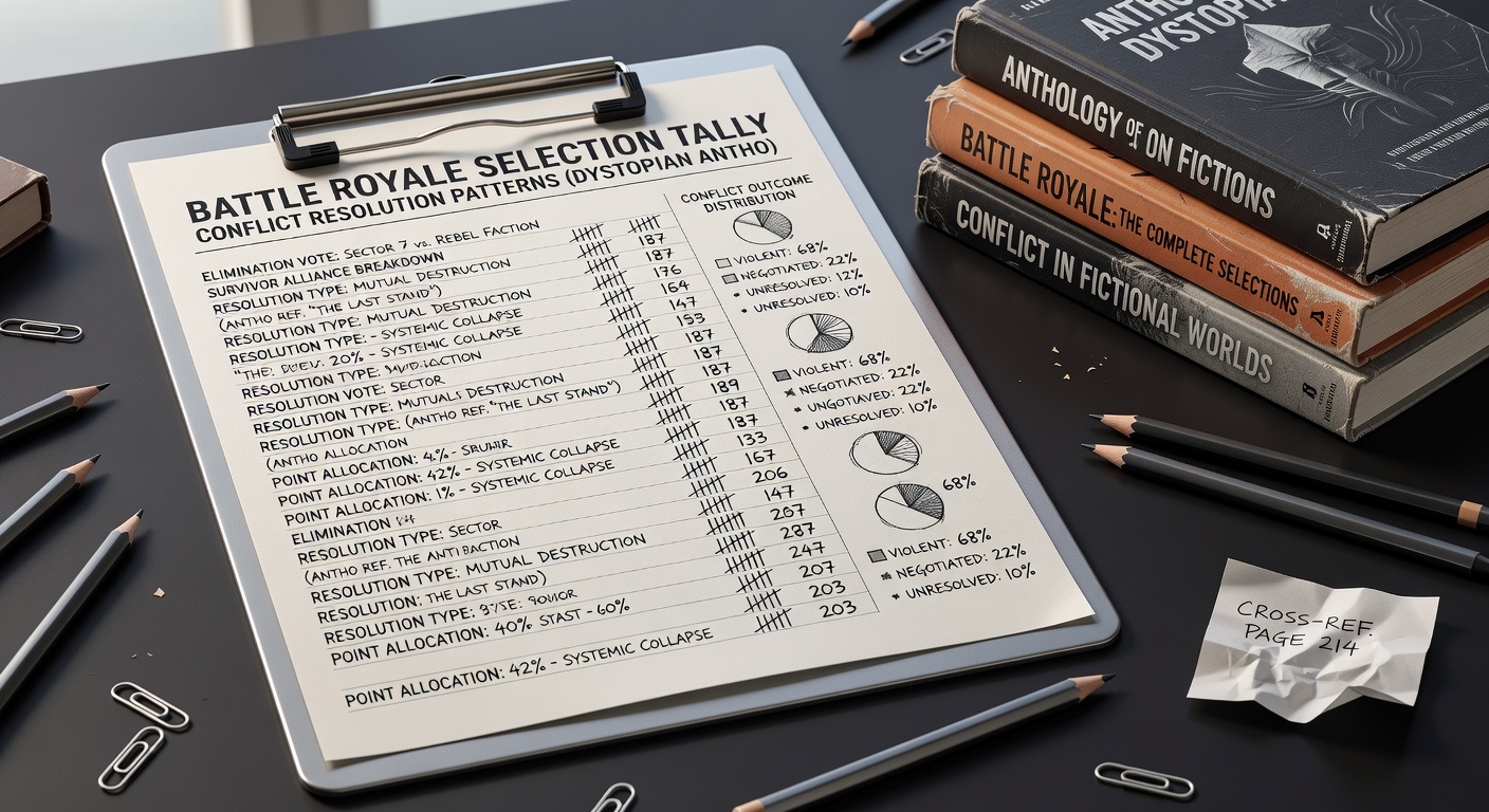 Annotated pages from dystopian fiction anthology showing conflict resolution tallies beside battle royale stats comparison chart