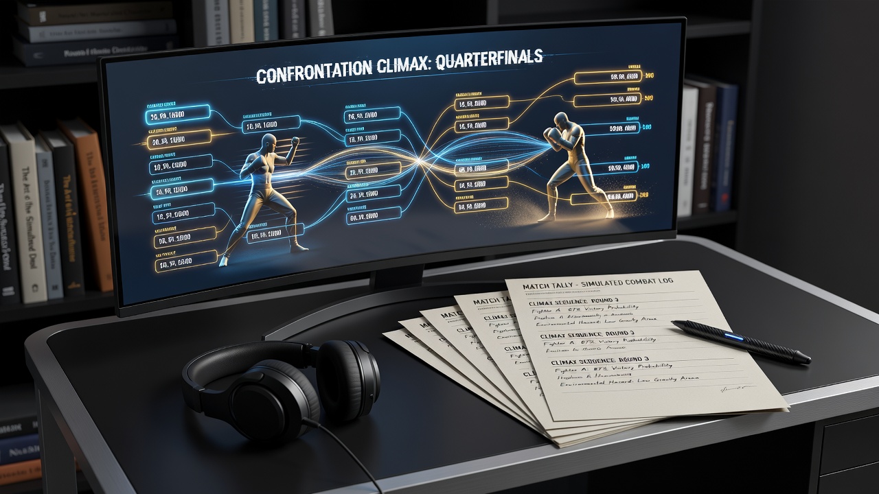 Combat simulator interface displaying tournament rankings and match statistics used in martial arts narrative planning