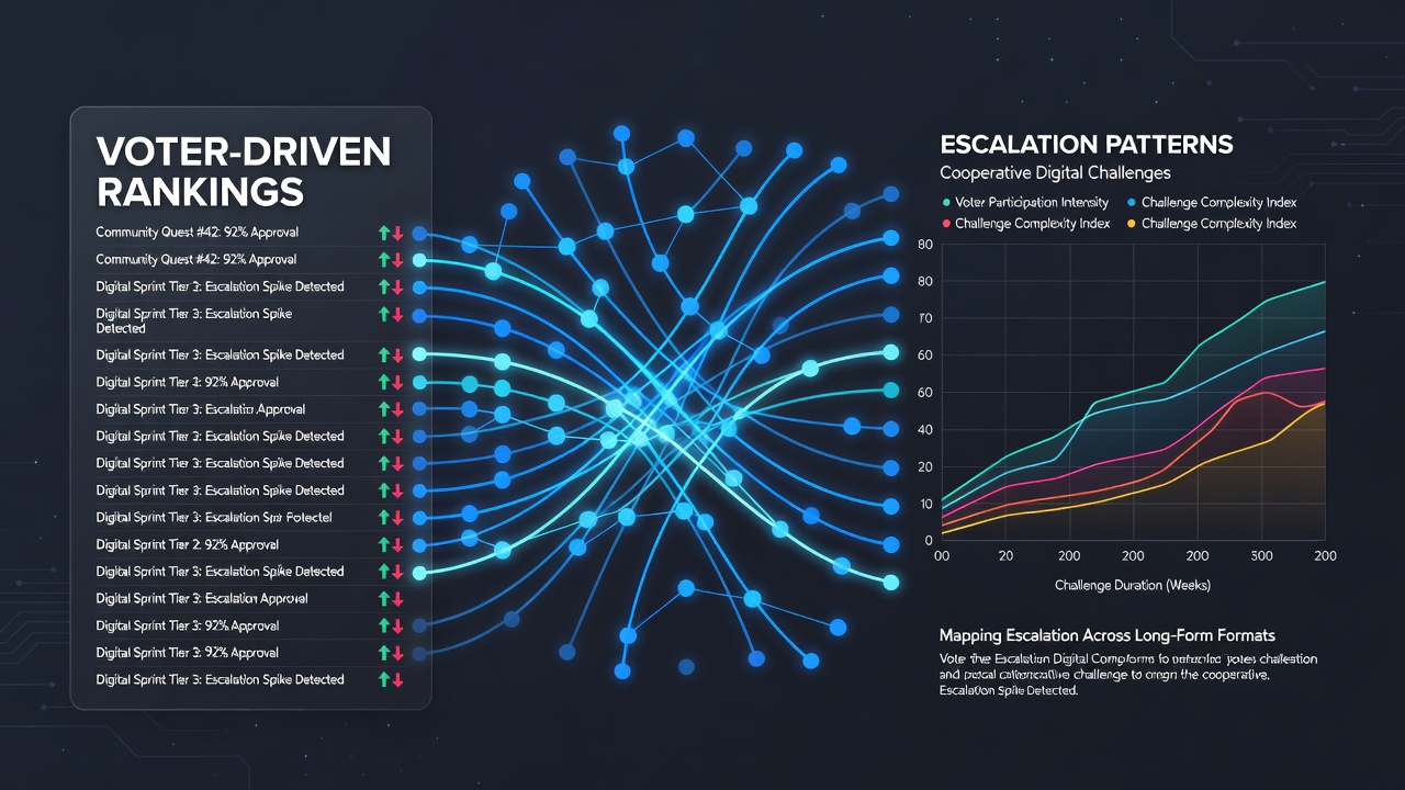 Charts displaying escalation curves from digital challenge rankings overlaid on detective series plot developments
