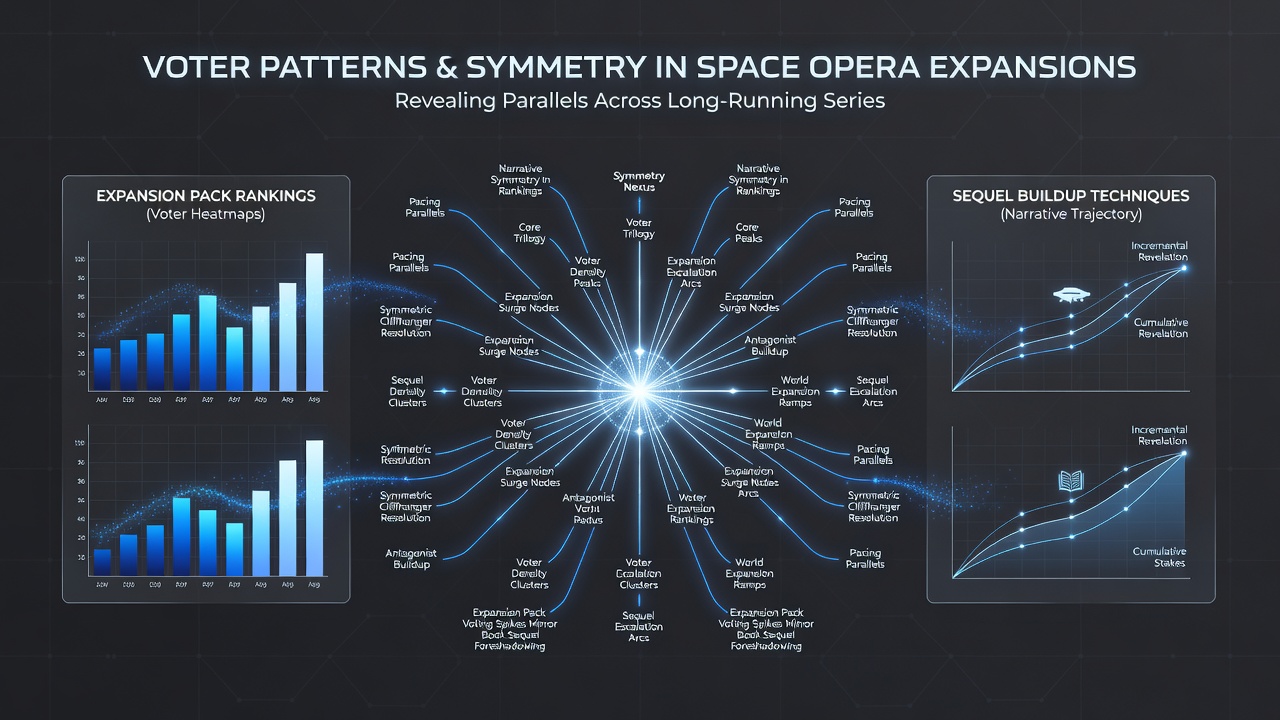 Charts displaying voter rankings for game expansion packs alongside sequel buildup metrics in space opera book series